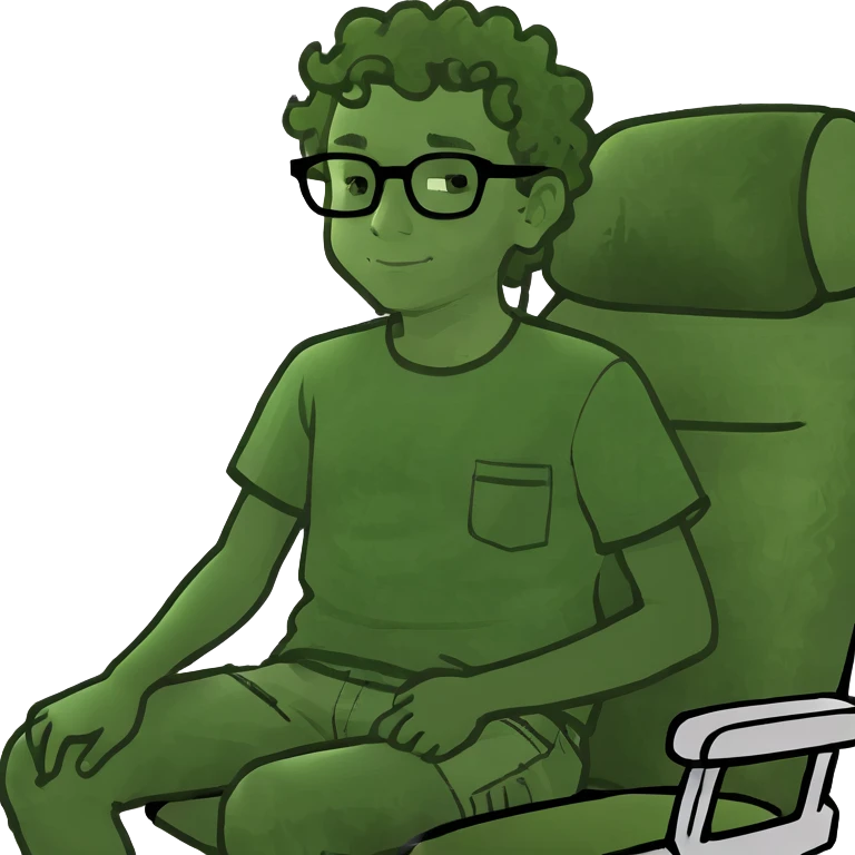 Boy kind of curly hair with black glasses sitting crossed legged in the middle seat on a airplane  emoji