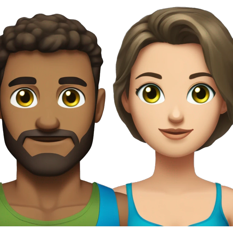 A pretty dark-haired woman with an olive green tank top with large breasts and green eyes next to a handsome muscular man with short brown hair with blue eyes and a blue muscle shirt emoji