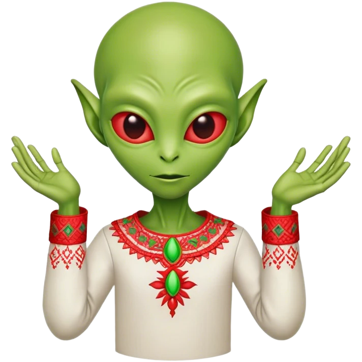 Green alien in Shirt 👚 vyshyvanka, white with red embodiary on sleeved emoji