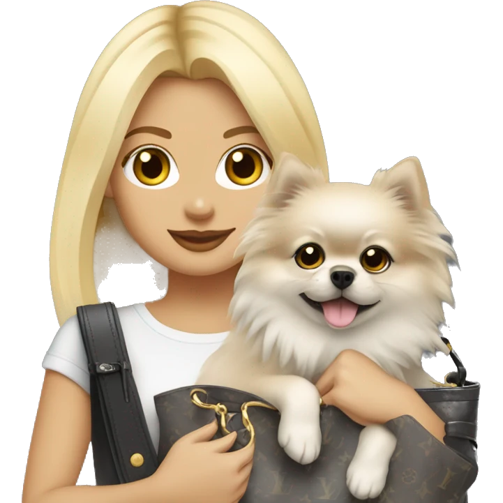 Pretty blonde girl carrying a grey Pomeranian in a Louis vuttion bag  emoji