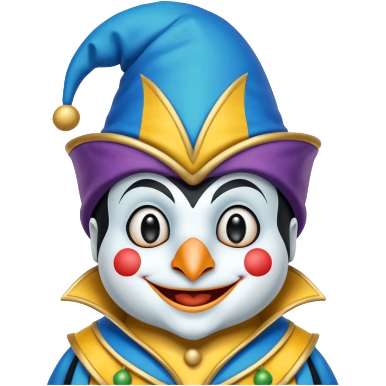 crazy colorful cute little penguin jolly joker, medieval, vintage, court jester, mac os icon, blue color emoji