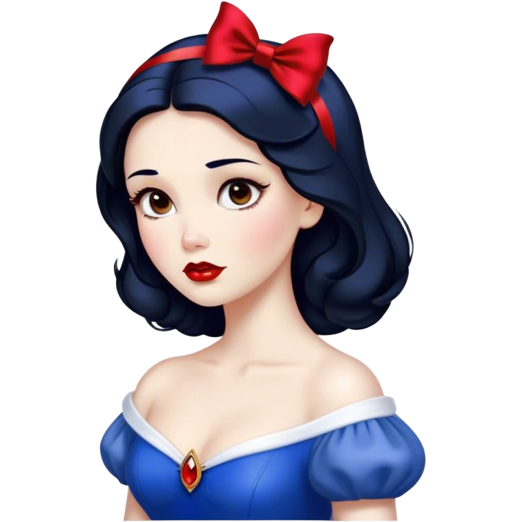 Cinematic Stunning Snow White Portrait Emoji, Fair skin glowing like porcelain, ruby-red lips, deep brown eyes full of kindness, raven hair framed by her iconic red bow, wearing her royal blue and gold gown, exuding timeless beauty and grace! emoji