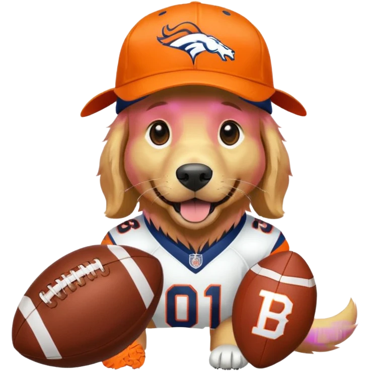 Dog wearing a Broncos hat it’s a golden retriever. The dog is holding a football. emoji