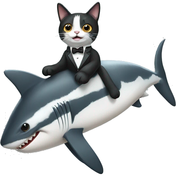 Tuxedo cat riding a shark emoji