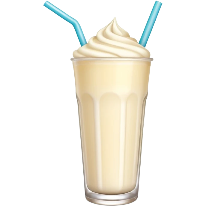 A 3D cartoon tall glass of vanilla milkshake with a straw, smooth creamy texture, light froth on top, subtle reflections, soft warm light, Memoji-style. emoji