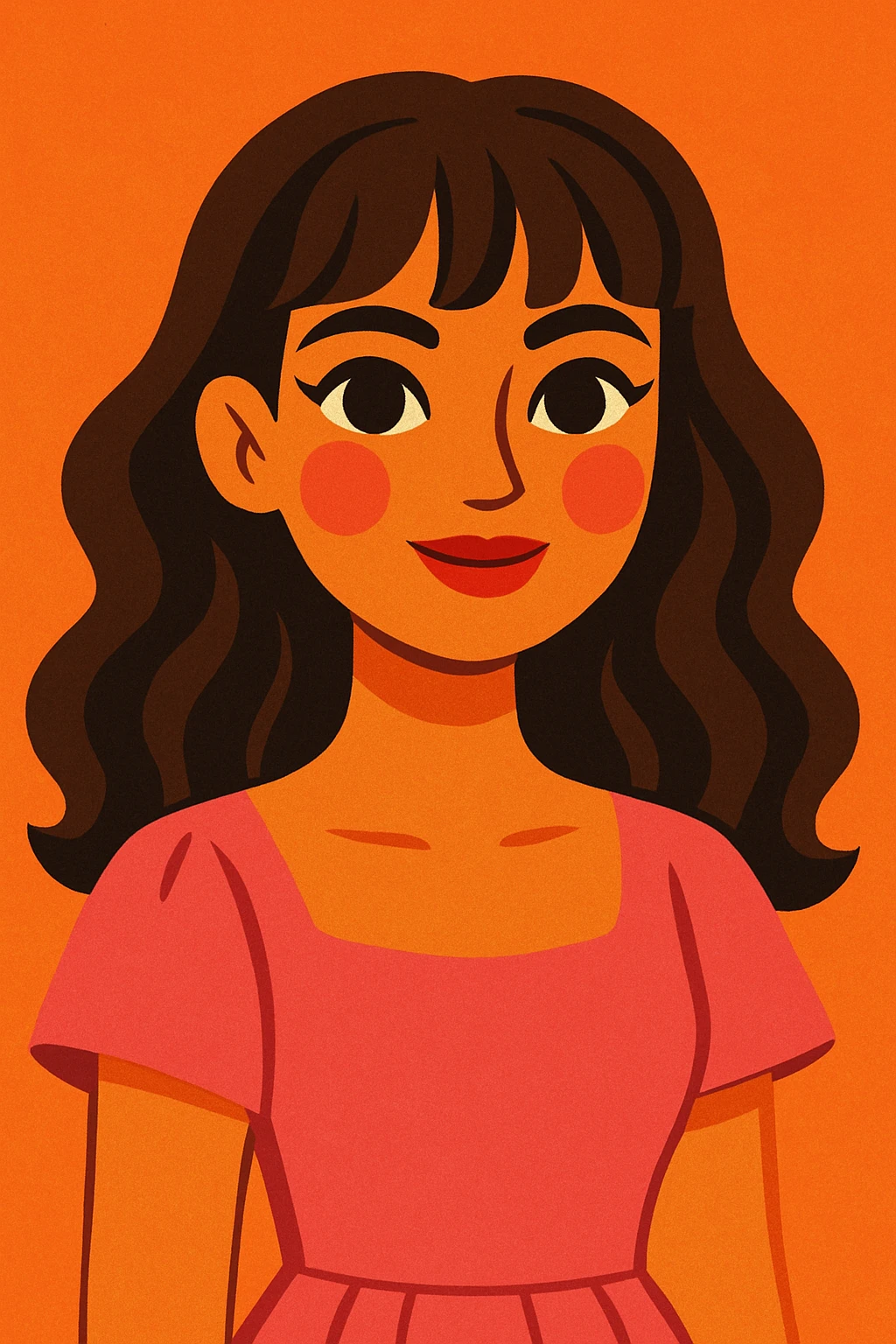 A beautiful girl with medium skin, soft pink cheeks, big dark hazel eyes, long lashes, wavy brown hair with bangs, straight nose, soft tip, natural red lips, feminine and pretty, in a pink dress, in a vibrant toon style. emoji