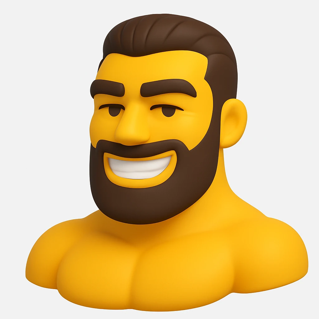 Create a gigachad emoji inspired by the reference image of a muscular man with a chiseled jawline and confident smile, in the style of microsoft 3D fluent emojis. The emoji should be simplified and expressive, capturing the essence of the 3D emoji style. emoji