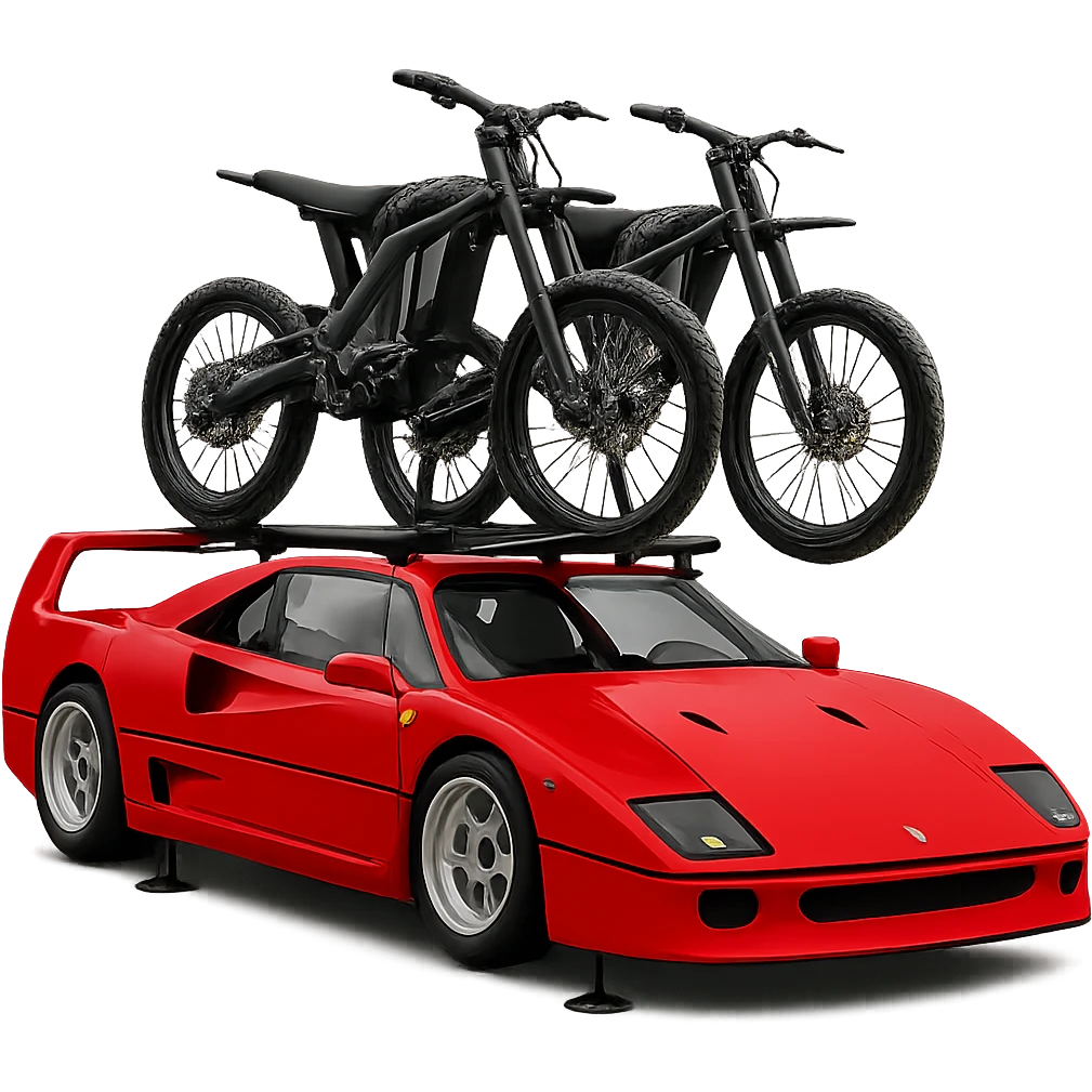 Replace the motorcycle with two Sur-Ron electric bikes mounted on a roof rack on the Ferrari F40. Keep the background transparent. emoji