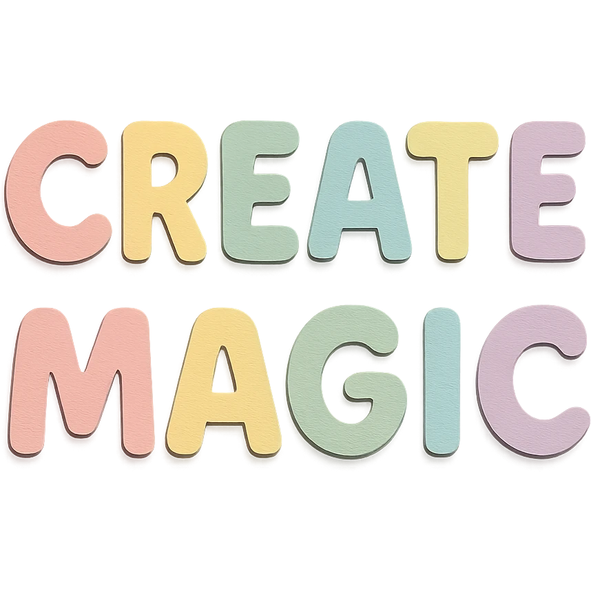 Remove the smiley face and show only the words 'Create Magic' in soft pastel rainbow chubby rounded letters, cute kawaii style, no frame, transparent background, paper craft style. emoji