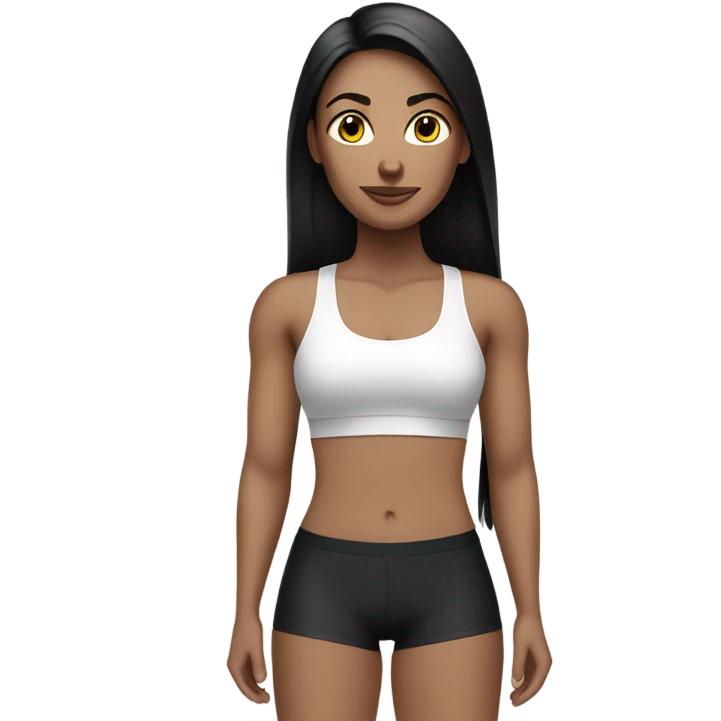 a white color skinned woman with black long straight hair wearing a workout set  emoji