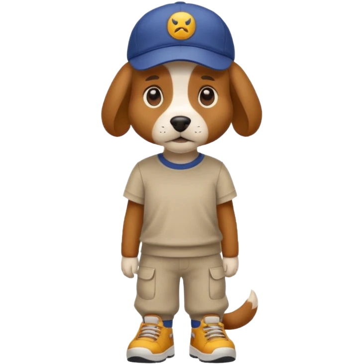 a dog with cap and t-shirt and pants and shoes emoji