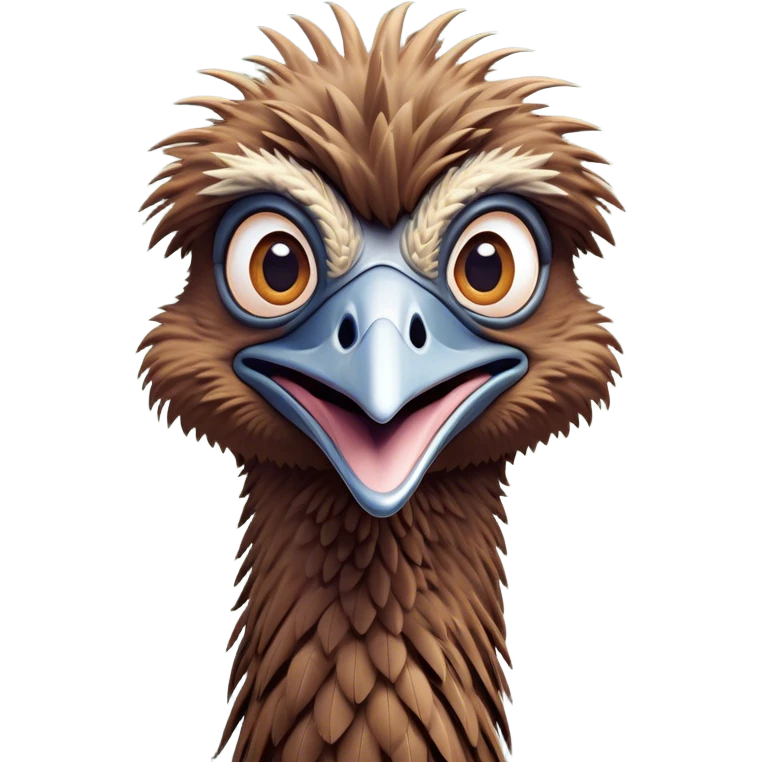 Cinematic Comical Emu Portrait Emoji, Head tilted dramatically with an exaggeratedly amused expression, featuring a striking, textured brown plumage with a comically small head and wide, expressive eyes full of playful disbelief, Simplified yet hilariously expressive features, highly detailed, glowing with a slightly sassy glow, high shine, dramatic yet playful, stylized with an air of cheeky outback mischief, bright and endearing, soft glowing outline, capturing the essence of a spirited and over‐the‐top emu, so meme‐worthy it feels like it could squawk its way into internet fame instantly! emoji