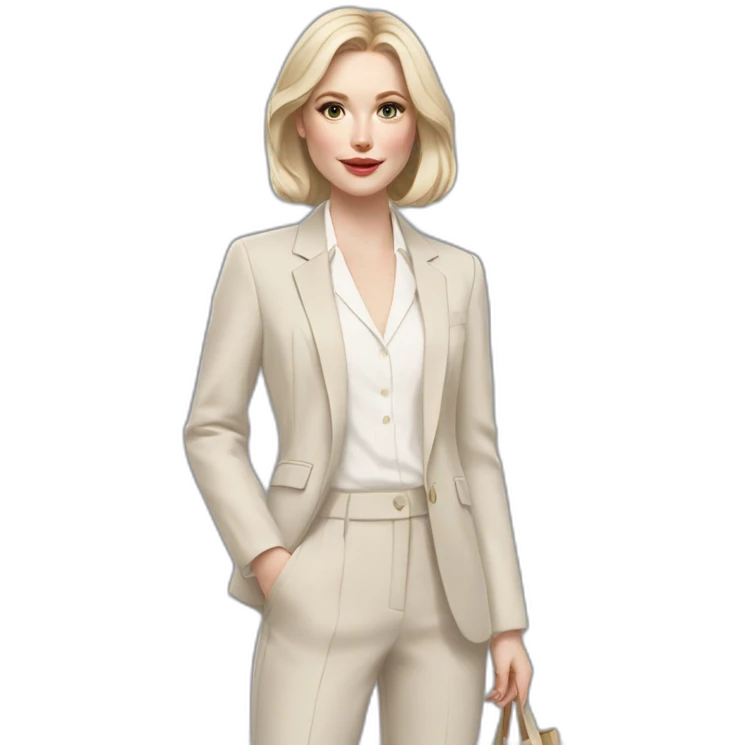 pale skin woman with ash blonde Straightened bob Hair, White Spacious classical jacket, beige palazzo Arrow pants and gray blouse holding a color palettes in the hands emoji