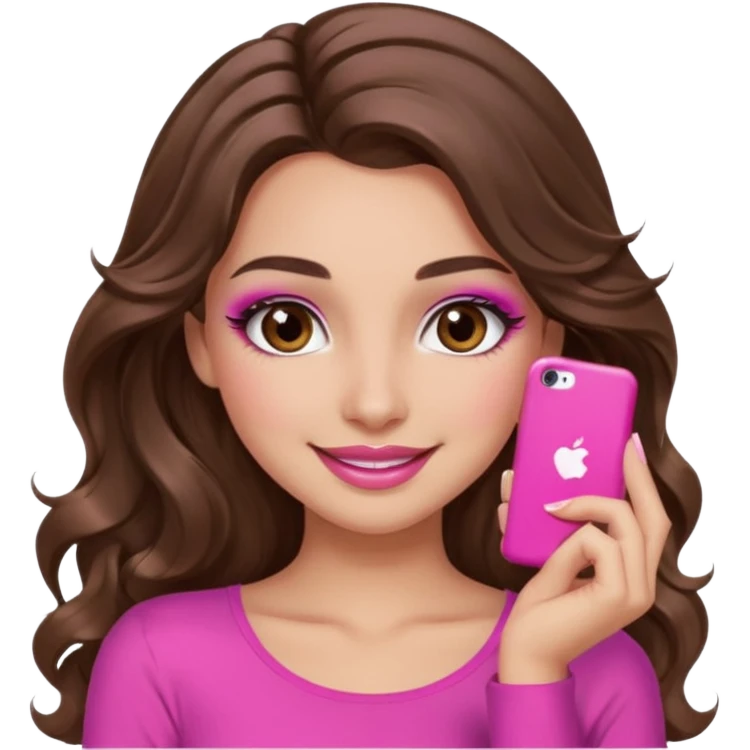 girl with long wavy brown hair, brown eyes, long lashes makeup, sexy pink lips, light to medium complexion, pink sexy top, smiling, hand by the cheek emoji