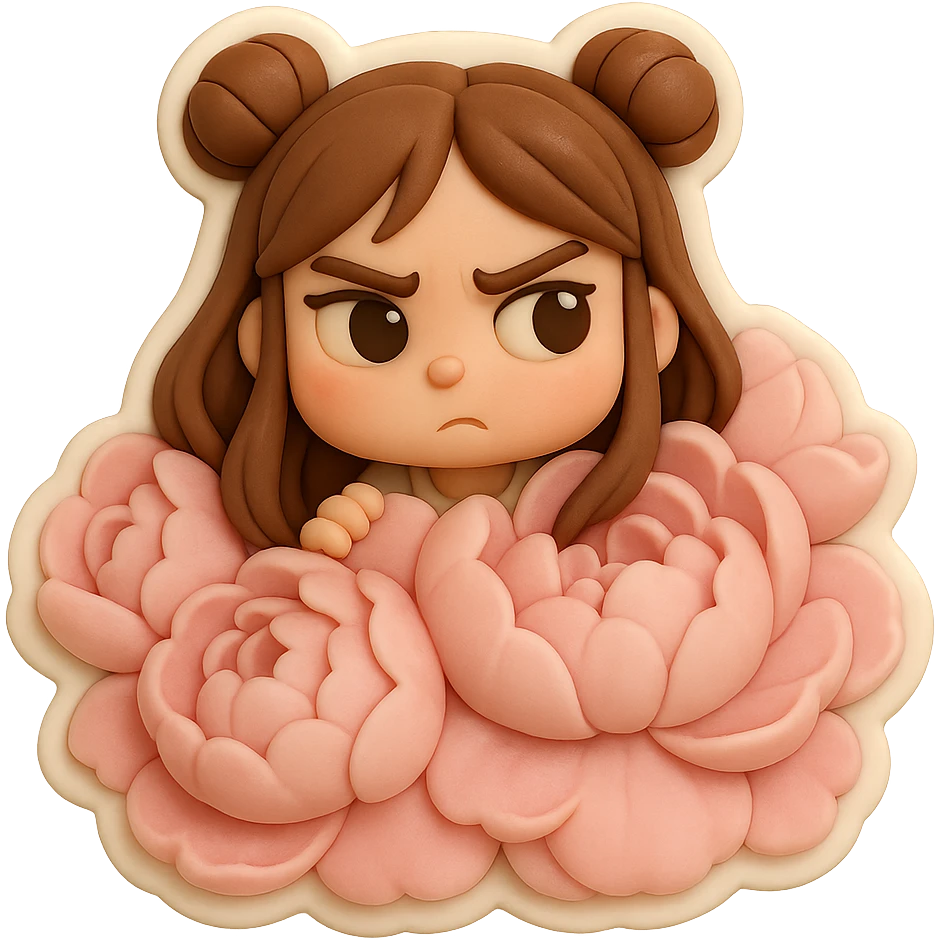 3D chibi fondant cake art style, high-quality rendering with smooth shadows and soft gradients. Girl based on reference image with preserved facial features and exact eye shape, long brown hair in two space buns, brown eyes, thick white outline like a sticker, transparent background. Her head peeks out from the center of a giant mound of soft pink peonies, flowers so big they almost hide her completely. Ensure the face and eye shape match the reference exactly. emoji