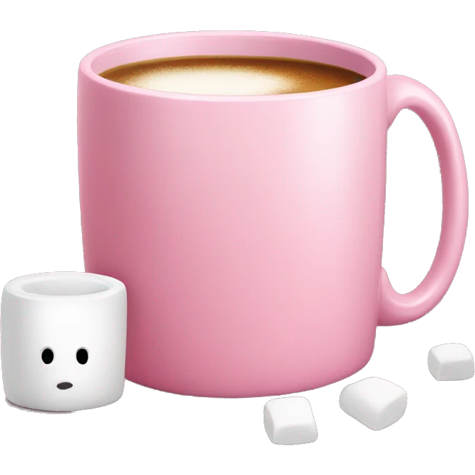 pink plain mug without a face with one handle on the right, inside it coffee and marshmallows emoji