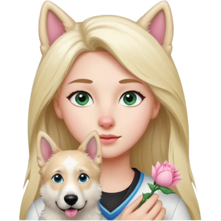 White European young woman with blue-green eyes and long blond hair with her white German Shepherd dog,the Dog hast a pink nose and short fur  and Brown eyes emoji