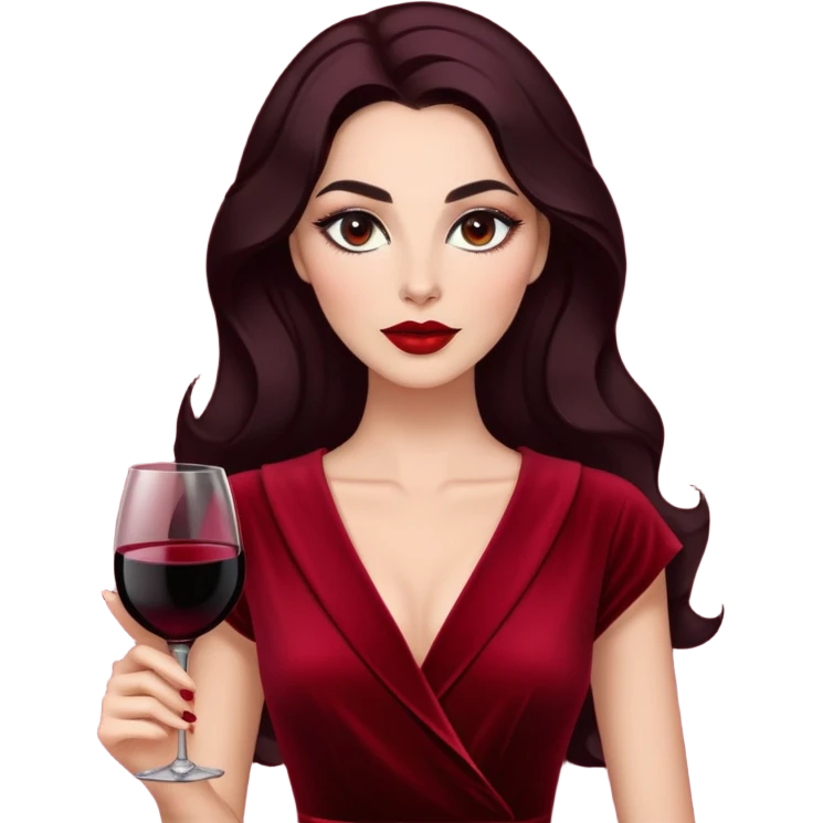 Confident woman with luminous skin, elongated face, defined features, dark almond eyes with dramatic eyeliner, thick eyebrows, straight elegant nose, full bright red lips, voluminous dark hair with soft waves, wine red velvet V-neck dress emoji