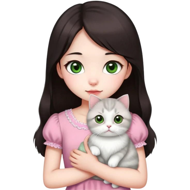 This Chinese girl has fair skin and big black eyes. She has long dark brown hair and is wearing a short-sleeved pink dress. Holding a Scottish Fold cat, the cat has light green eyes and white fur. emoji