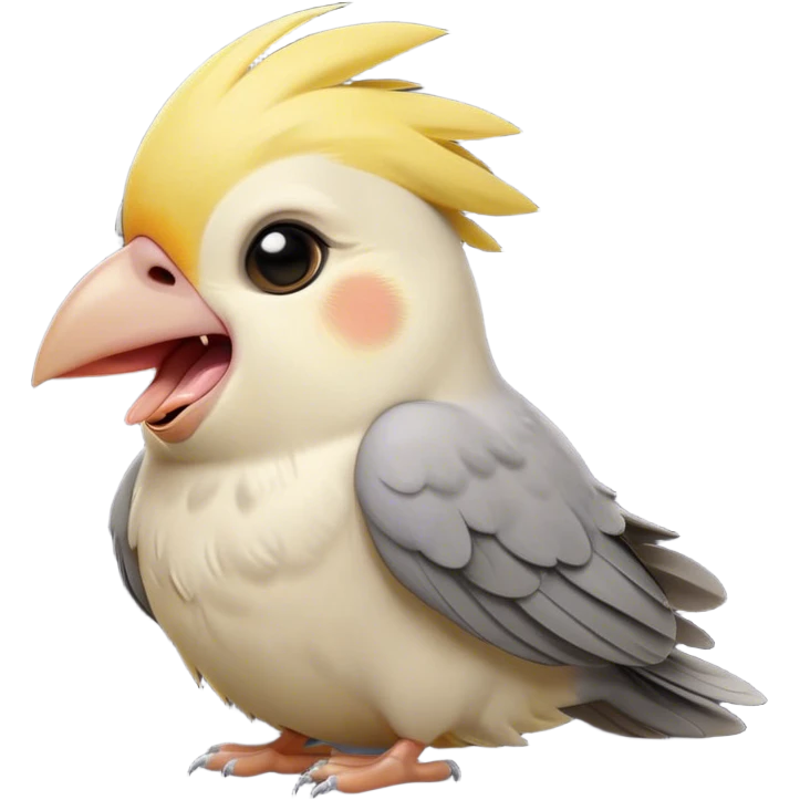 Cinematic Cute Yawning Cockatiel Portrait Emoji, Head tilted slightly with a dramatic, wide-open yawn, showcasing a soft grey fur with subtle yellow accents and gently drooping crest feathers, round dark eyes barely open in drowsy contentment, Simplified yet irresistibly adorable features, highly detailed, glowing with a soft, cozy glow, high shine, relaxed yet expressive, stylized with a touch of whimsy, bright and endearing, soft glowing outline, capturing the essence of a sleepy yet affectionate cockatiel, so drowsy it feels like it could stretch out of the screen and curl up for a nap! emoji
