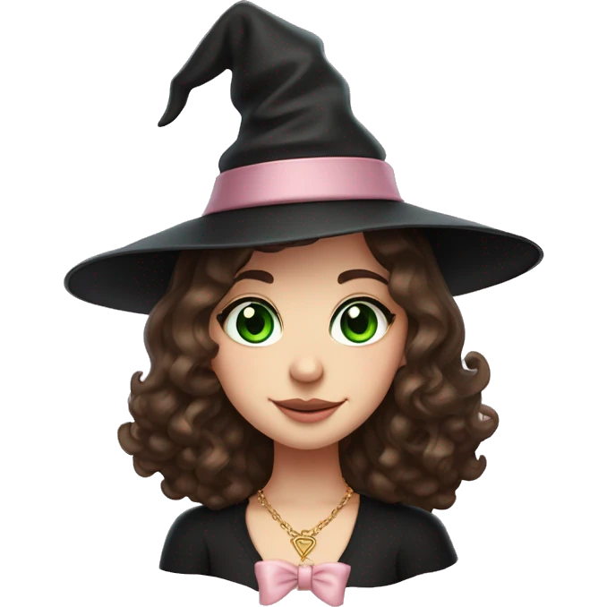 Witchy brunette haired green eyed lightly freckled white girl with a witty smile a gold necklace and a black witch hat with a baby pink bow emoji