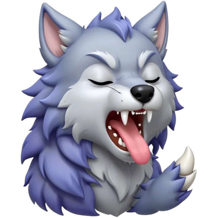 Cinematic Cute Yawning Werewolf Portrait Emoji, with a cuddly, miniature lupine form in soft moonlit grays and silvers, head leaning back in a big, adorable yawn that reveals a few fuzzy teeth, simplified yet irresistibly charming, highly detailed with a soft glowing outline that captures the drowsy, playful essence of a werewolf mid-nap! emoji