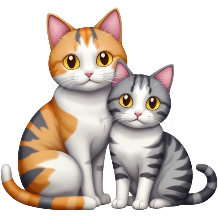 full body colourful light patched calico + white tabby cat cuddling a bigger cat that is dark grey and white tabby cat  and they are in love emoji