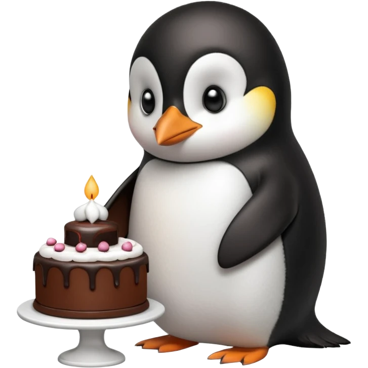 A penguin standing near a cake, feeling shy from a surprise celebration, portrait, bust up emoji