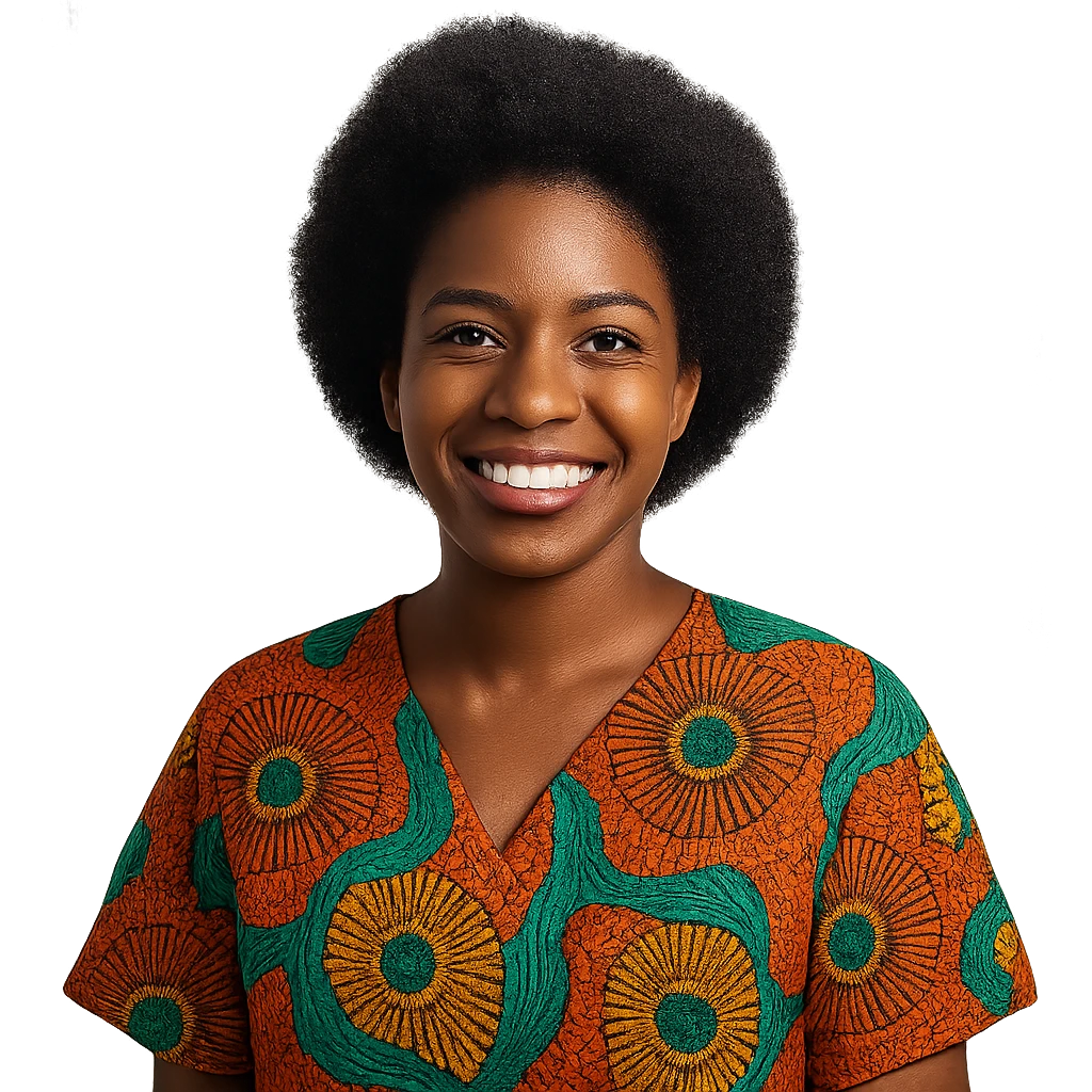 a Nigerian Black woman smiling with friendly expression, natural hair, vibrant clothing, clear background emoji
