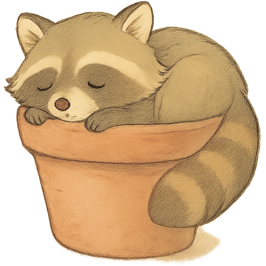 sleepy raccoon inside a flower pot, pastel earthy colors, soft Ghibli style emoji