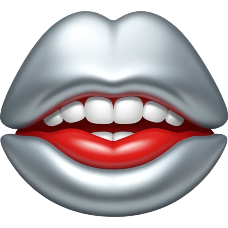 Chrome silver lips emoji, glossy metallic texture, iOS emoji style, smooth reflections, bold but minimal design, centered, silver mouth. all silver emoji