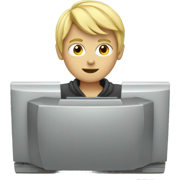 Blonde boy at a computer coding emoji
