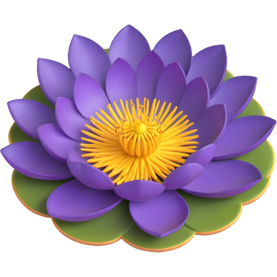 Realistic deep purple lotus flower with detailed layered petals and yellow stamens, floating on authentic lotus pad with characteristic notch and bowl shape emoji