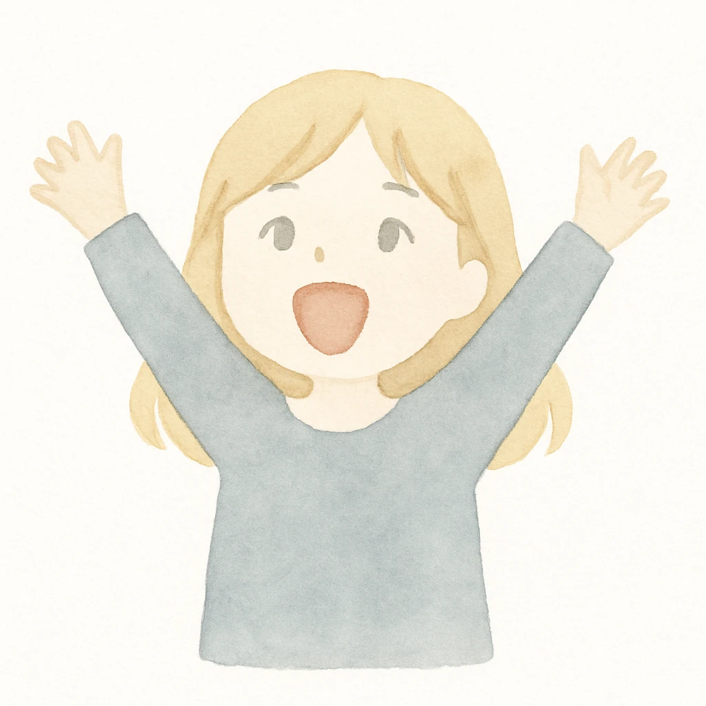 excited girl with blonde hair, pale skin, and silver eyes, soft watercolor style emoji