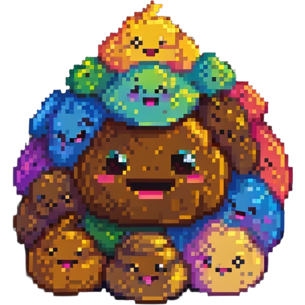 Pile of poo emoji with rainbow gradient colors, cute smiling face emoji