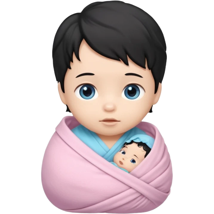 a  asian newborn baby with black wavy hair and blue eyes wrapped in a light pink swaddle emoji