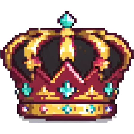 maroon crown with black, gold, and white accents, sparkling effect, pixel art style emoji