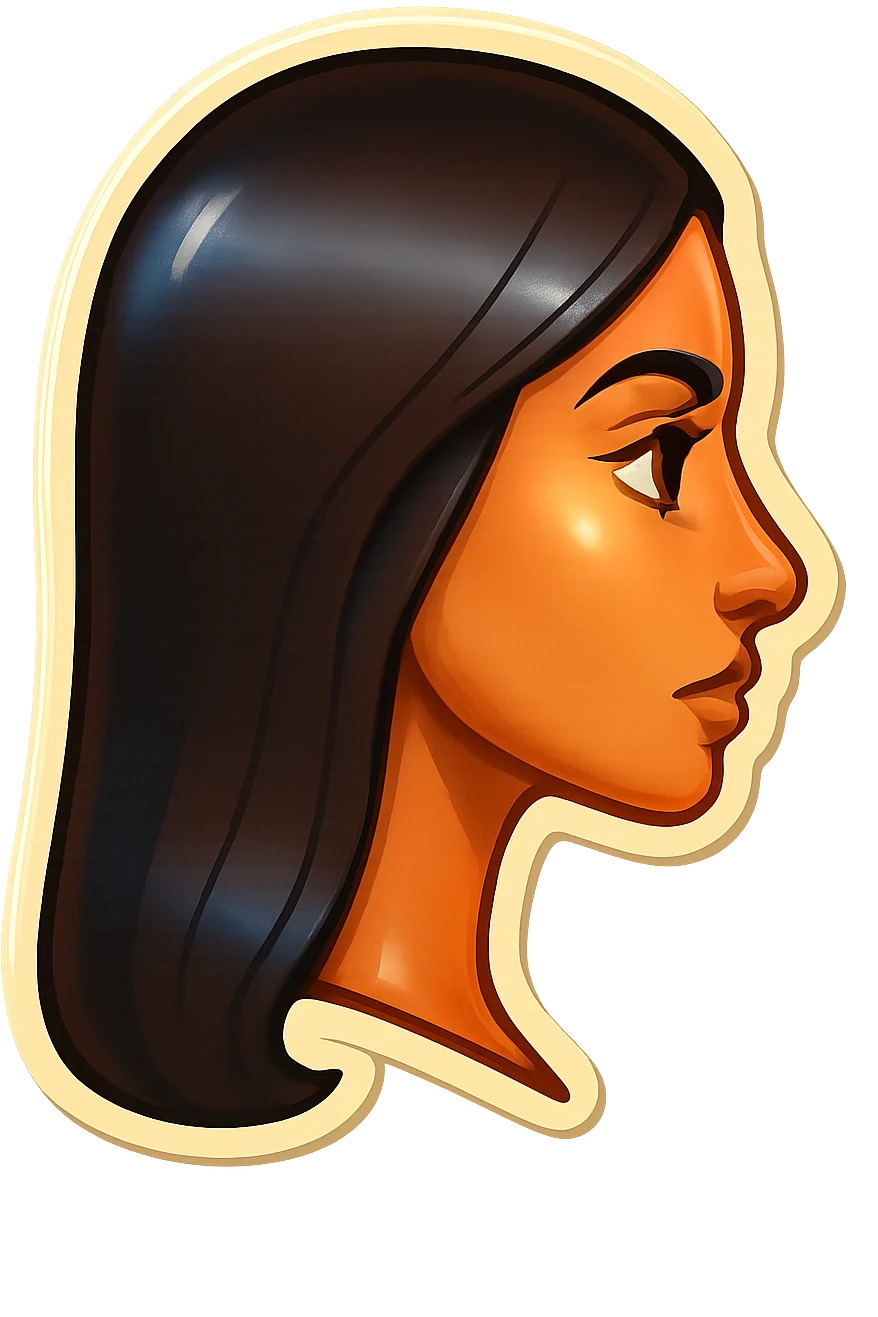 Create a side view (profile) of this woman's head, matching the same cartoon emoji style of the reference image, with long dark hair and similar facial features. Variant 4. emoji