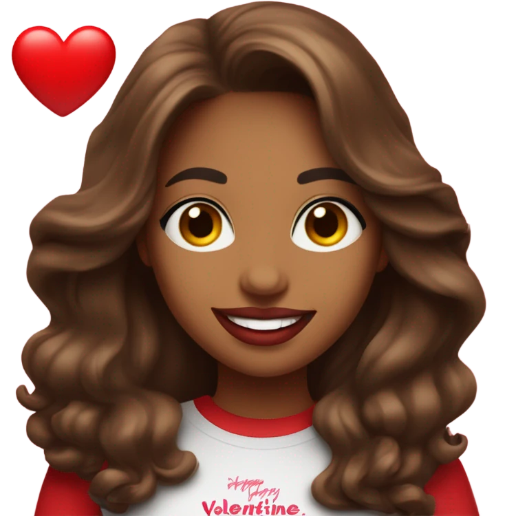 brown lady smiling, medium brown long wavy hair, bright red lips, eyelashes, wearing red “happy Valentine’s Day” t shirt emoji
