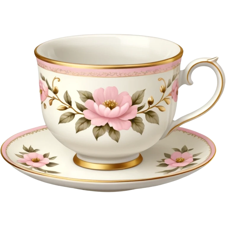 White teacup with baby pink floral antique print with gold accents  emoji