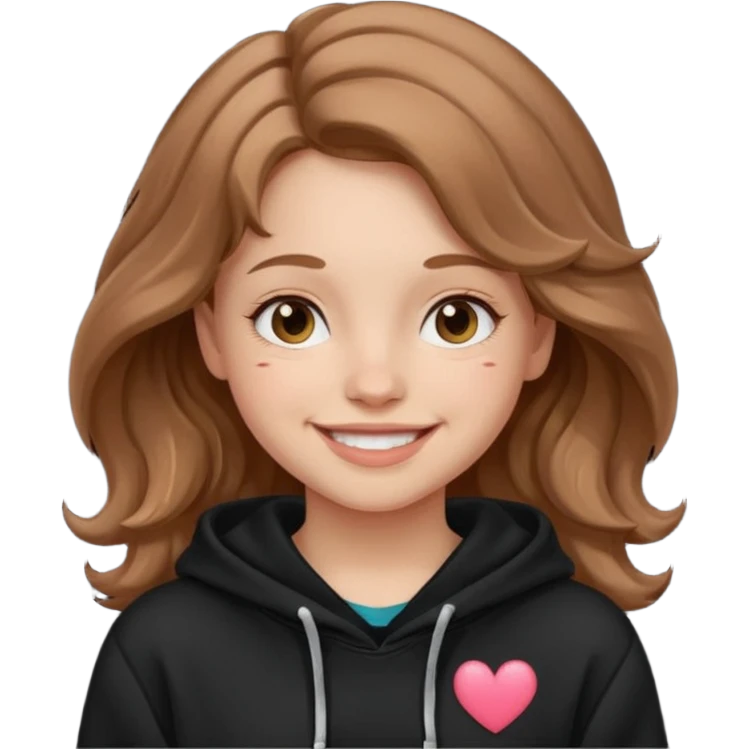ЗГЕНЕРУЙ ОБЛИЧЧЯ ДІВЧИНИ З СВІТЛИМ РУСЯВИМ, ХВИЛЯСТИМ ВОЛОССЯМ, ОДЯГНЕНУ В ЧОРНИЙ ХУДІ ТА УСМІХНЕНУ emoji