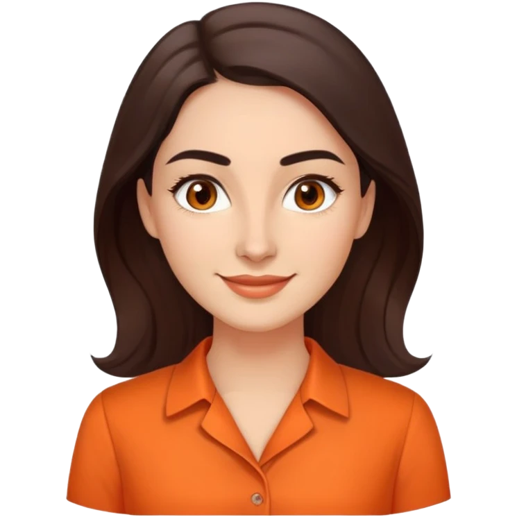 Professional woman in her 30s with light complexion, oval face, gentle features, large dark brown eyes, well-formed medium eyebrows, small nose, warm friendly smile, long slightly wavy dark brown hair, wearing a bright orange dress shirt emoji