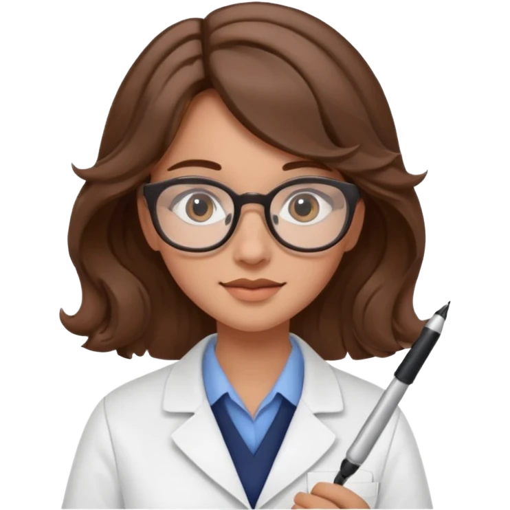 young women pharmacist studying science, wavy hair, with a pen and glasses emoji