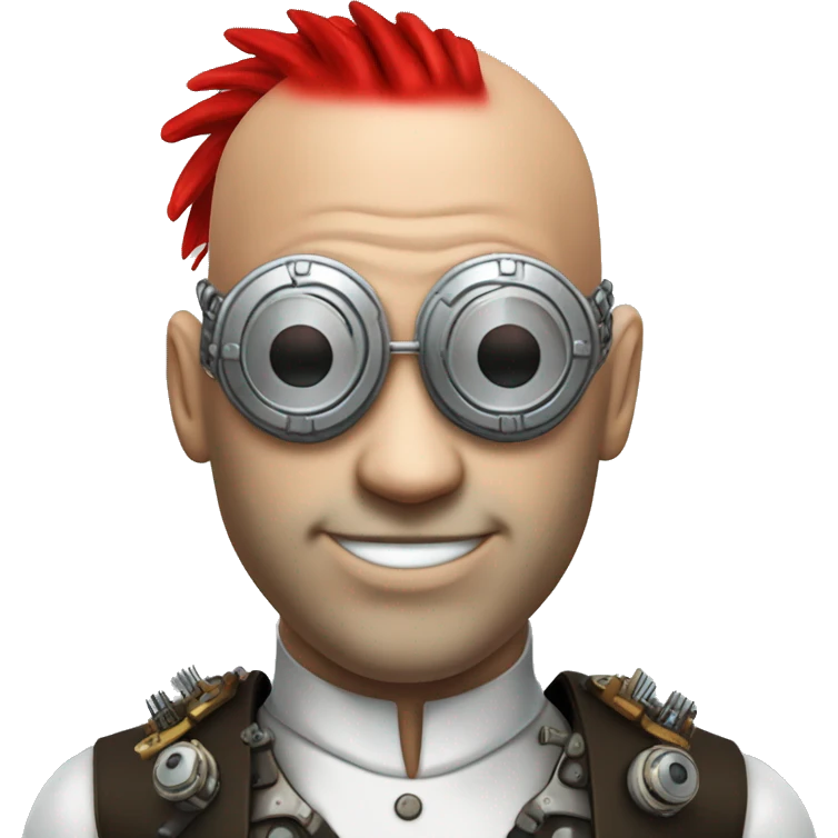 Bald cyborg head with red Mohawk, red beard. silver steampunk monocle goggles a smile and circuits emoji