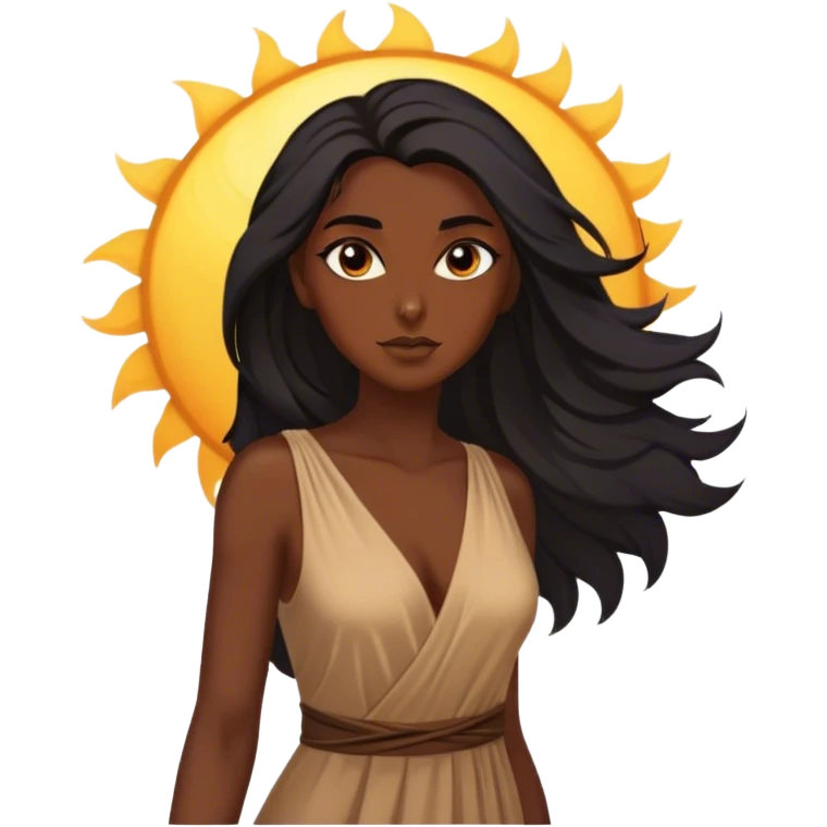 Cinematic Stunning Pocahontas Portrait Emoji, Windswept raven hair flowing behind her, deep brown eyes filled with wisdom and strength, glowing sun-kissed skin, wearing her elegant tan dress, the spirit of the wild in her expression, breathtakingly majestic! emoji