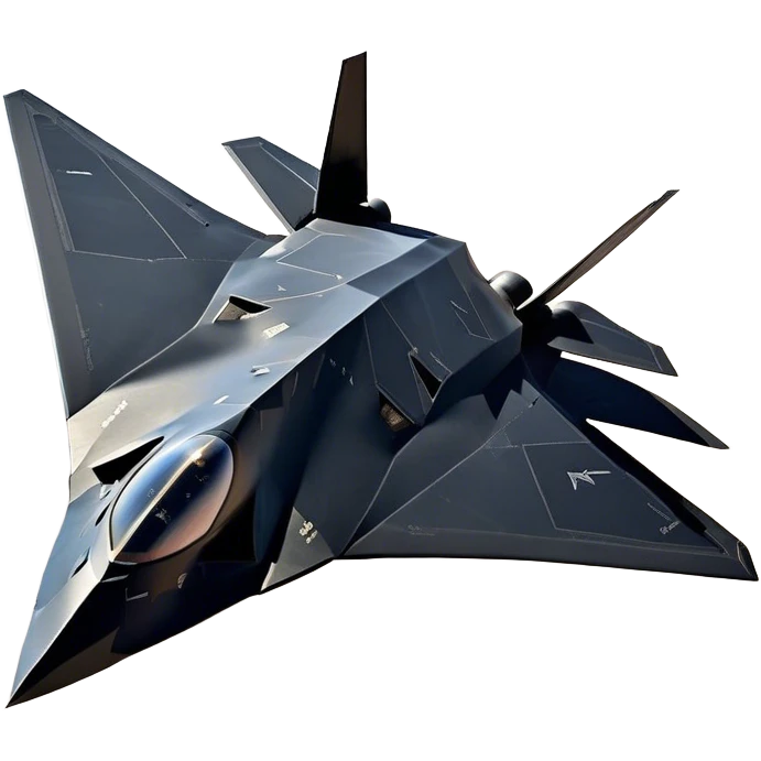 F-117 Nighthawk - Lockheed Martin (Stealth Grey) A futuristic stealth attack aircraft with a distinct faceted, angular design in a stealthy matte grey. Its sharp, jagged edges and unconventional, almost alien-like shape make it look like a shadow cutting through the night sky. The surface should appear non-reflective with subtle panel lines. emoji