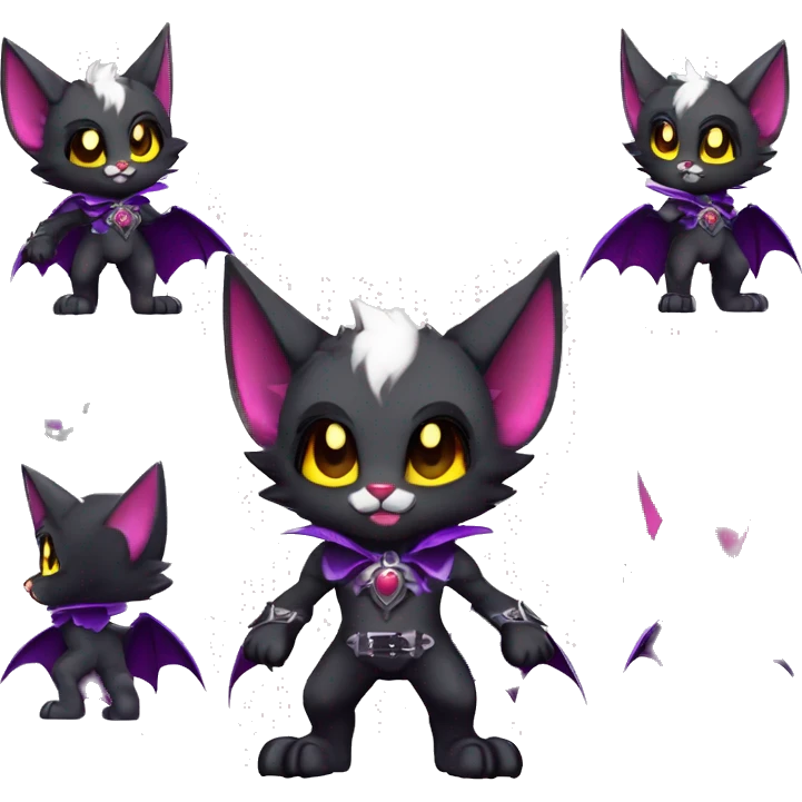 Anthro-Cute-Edgy-Cool-Vampiric-Batty-Cat-Black-Purple-Red-Grey-White-Yellow-Contrast-Colors-Fantasy-Fur-Sona-Chibi-Shiny-Fakémon-Hybrid with horns and fangs and collar full body emoji