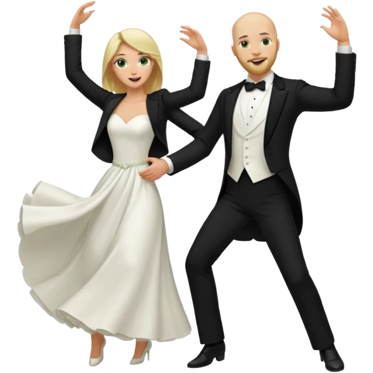 blonde haired green eyed bride and bald headed groom with dark beard dancing emoji