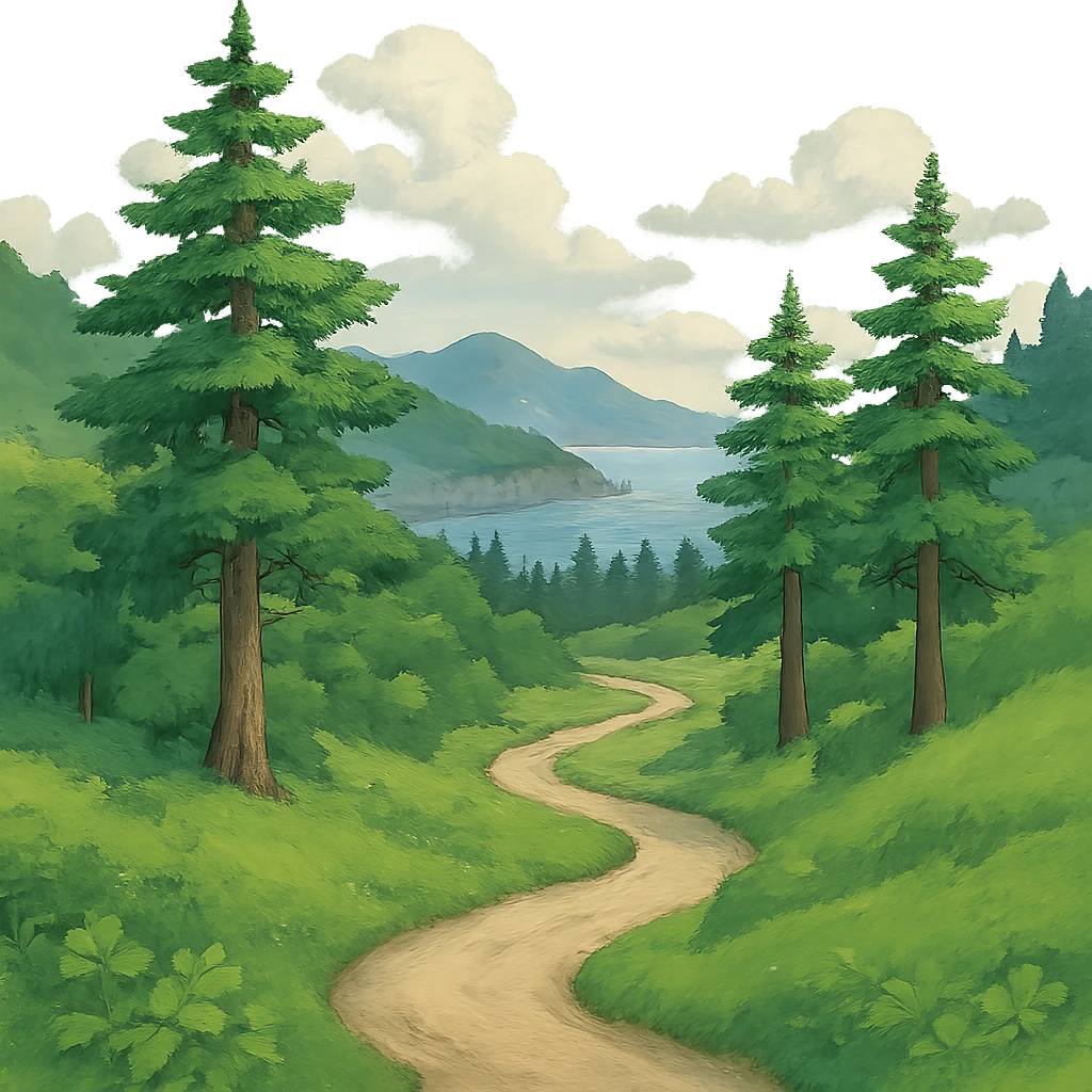 Edit the image to depict a scenic walking trail in Port Angeles Washington in Ghibli style, no frame, transparent background. emoji