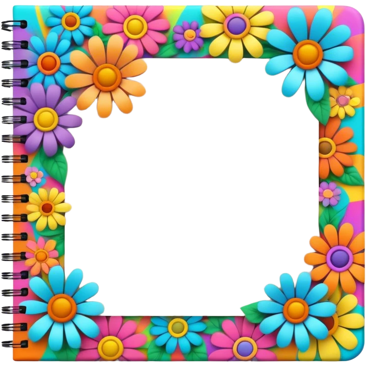 3D, psychedelic colored note pad with hippie style flower border emoji